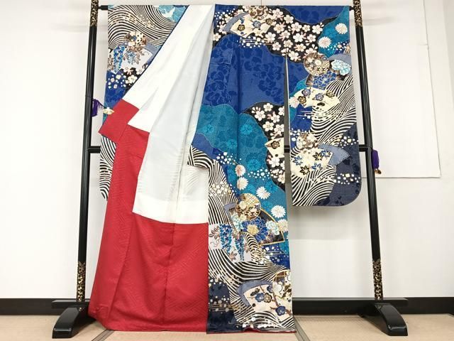 ◾️豪華絢爛◾️手絞り◾️金彩加工◾️御所車飛鶴花紋様 ◾️振袖フルセット◾️ 乱菊袋帯 平和屋着物○豪華振袖 駒刺繍 絞り 御所車花文 金糸 金彩 正絹 逸品