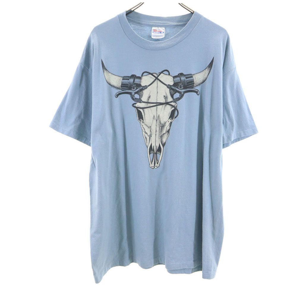 ヘインズ 90s USA製 オールド プリント 半袖 Tシャツ XL ブルー系 Hanes メンズ 古着 【240512】 メール便可