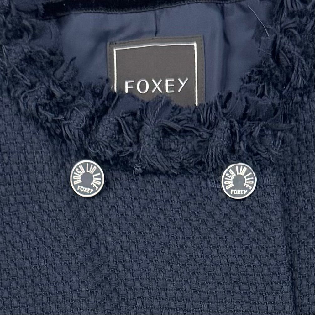 美品】FOXEY フォクシー ノーカラー ツイード ジャケット ネイビー 40