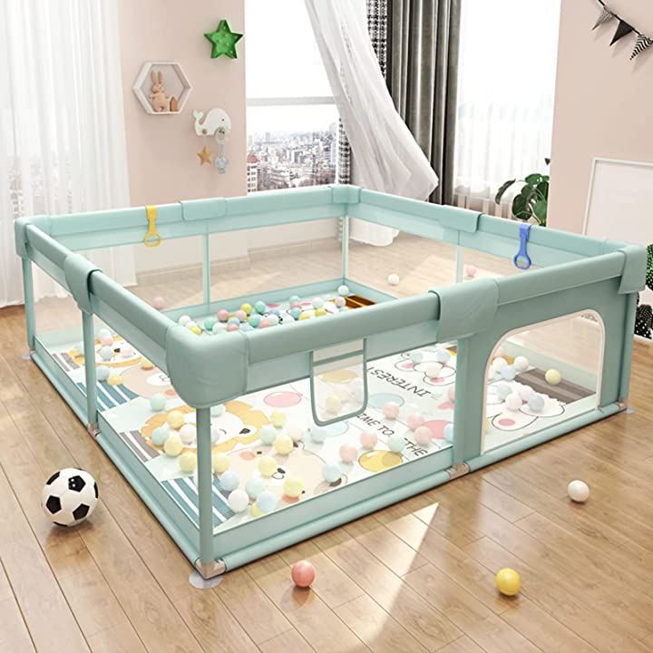 xinxin-home ベビーサークル 折りたたみ ベビー用品 安全柵 滑り止め 室内外対応 扉付き 吊り輪付き( グリーン+専用敷くマット，  150x180cm)