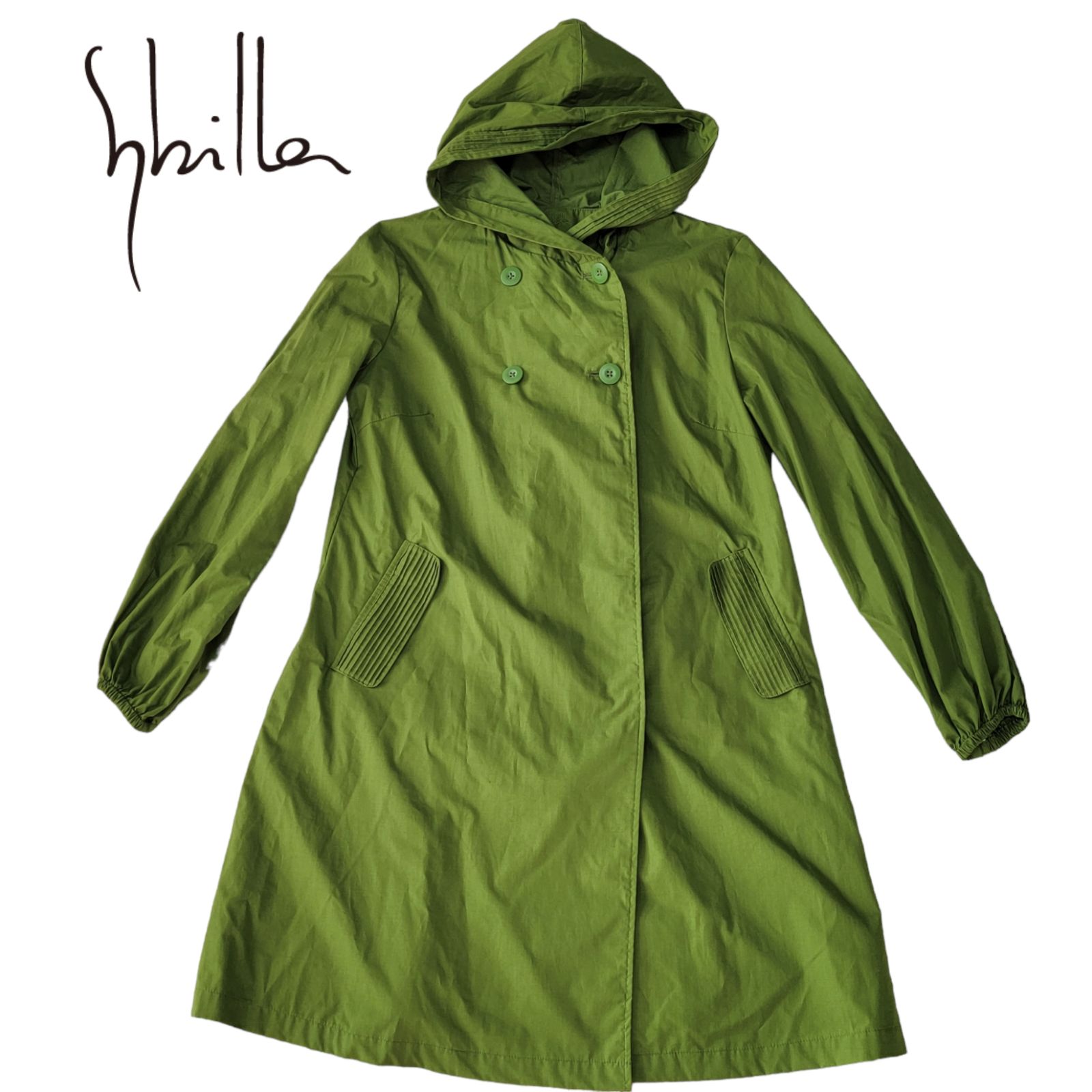 美品】シビラ Sybilla 撥水加工 フーディーコート 緑色 レインコート M  