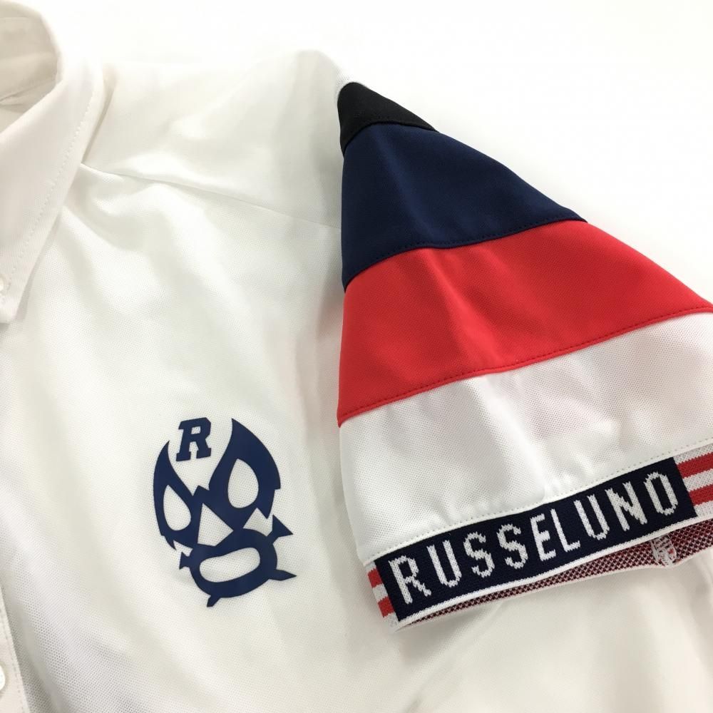 ラッセルノ 半袖ポロシャツ 白×ネイビー×レッド ルチャマスク 袖切替  