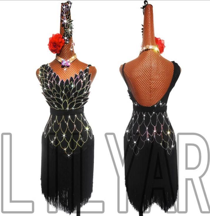 社交ダンス衣装 ラテンワンピースドレス ブラック 手袋付 ラメ