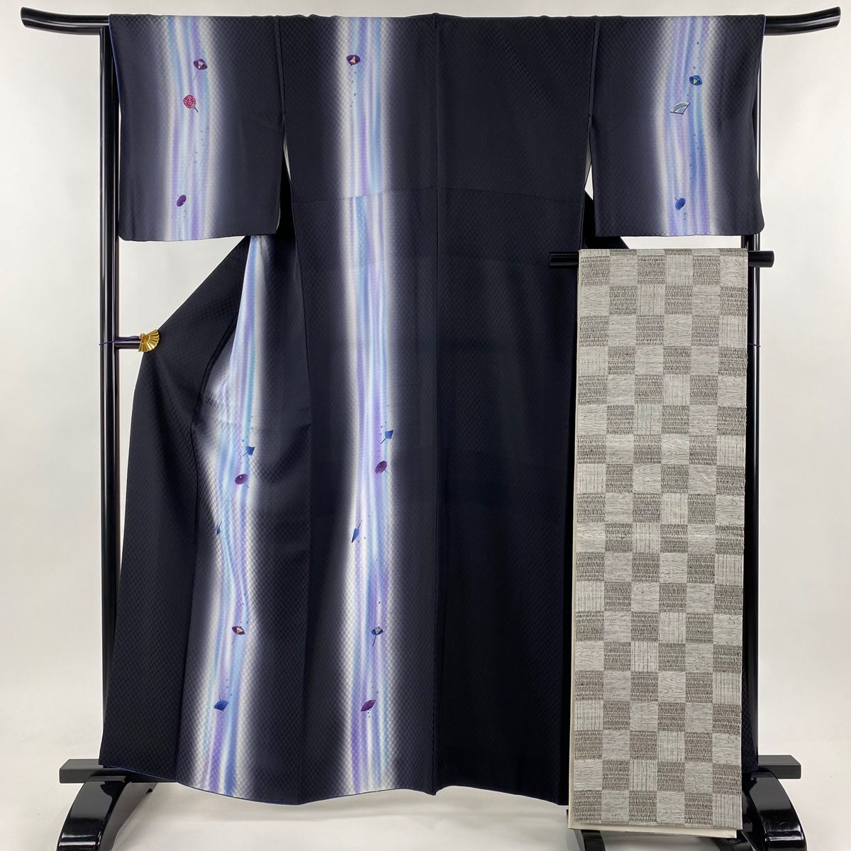 付下げ 身丈161.5cm 裄丈66.5cm M 袷 袋帯セット 番傘 雨 ぼかし 黒 正絹 名品