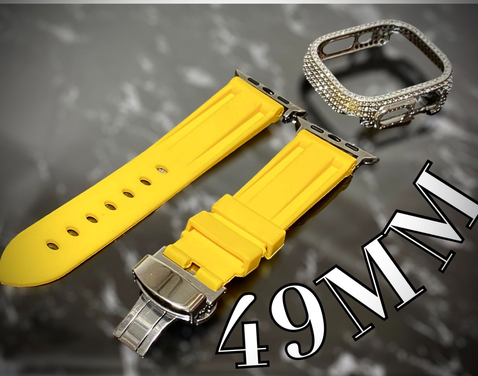シルバー　ライム　ultra用　49mm アップルウォッチ　ケースカバーApple Watch. ︎Dラバーベルト ラバーバンド　キラキラカバー　ケース