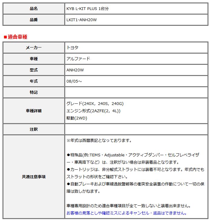 KYB カヤバ エルキットプラス L-KIT PLUS 1台分 アルファード ANH20W 08 05～ LKIT1-ANH20W