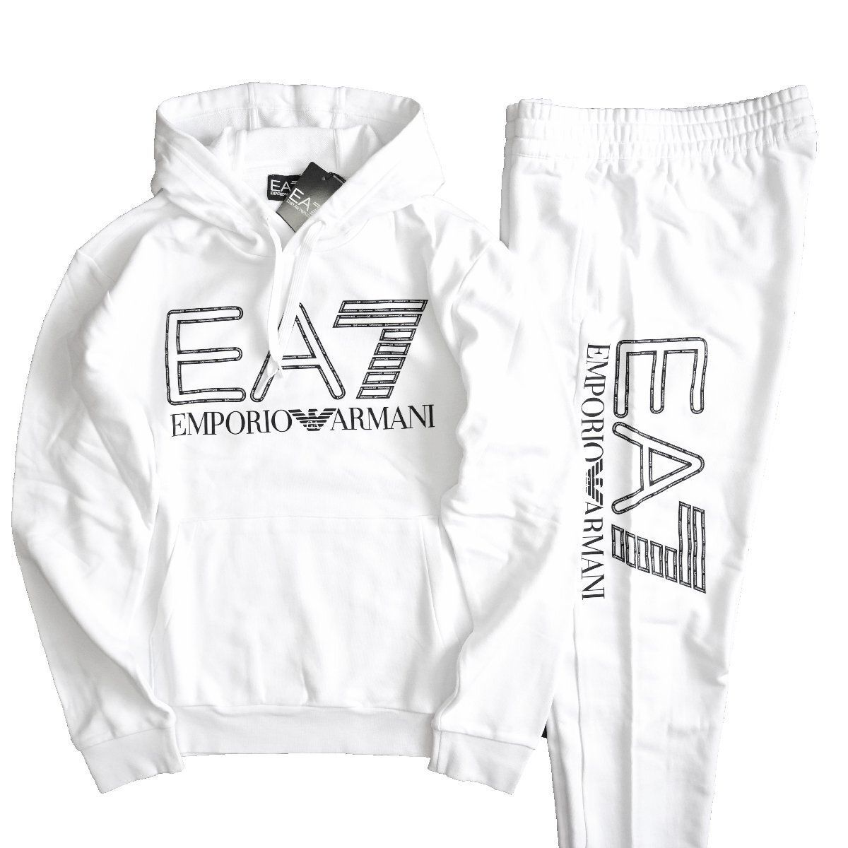 ◆ EMPORIO ARMANI EA7◆エンポリオ アルマーニ EA7◆スウェット セットアップ パーカー＆ジョガーパンツ ◆ホワイト 白◆2XLサイズ◆デカロゴ マイクロロゴ プルオーバー メンズ トップス ♥ 正規品