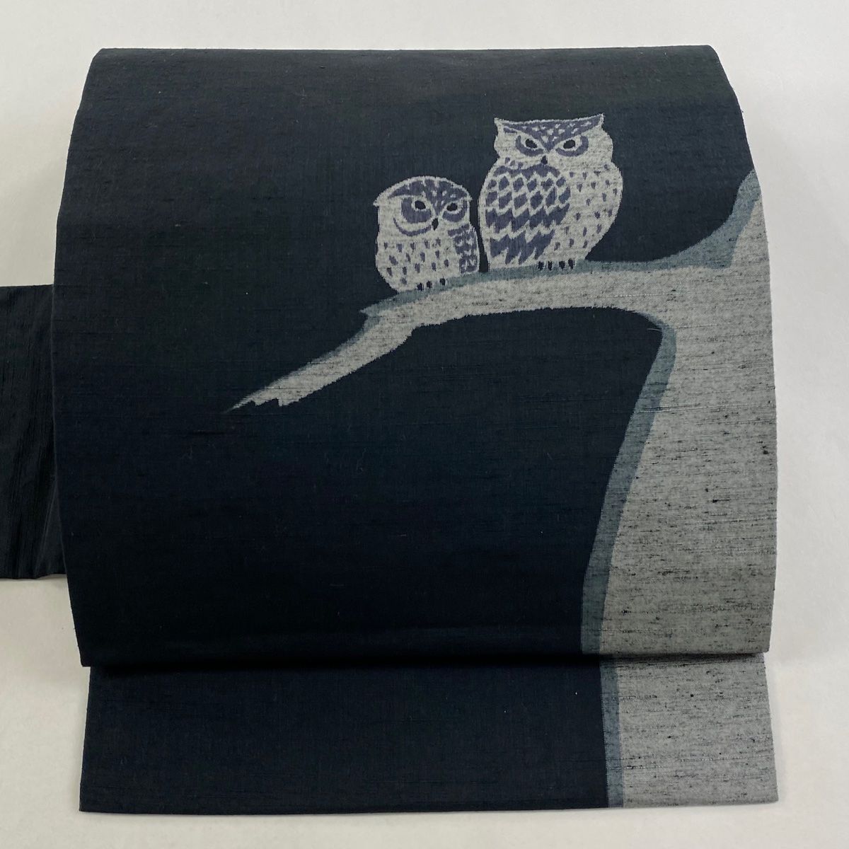 名古屋帯 紬 ふくろう 枝 紺色 正絹