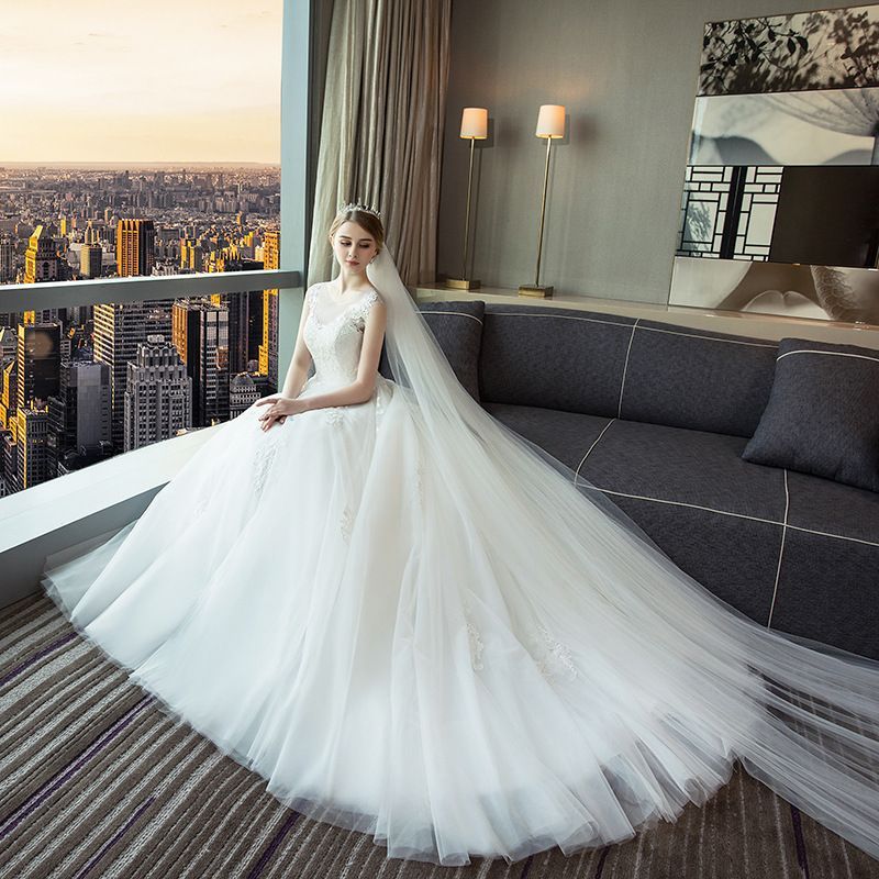 ウェディングドレス 花嫁用 シースルー ダブルショルダー レース 韓国風 大トレーン スリム 森系-10.14