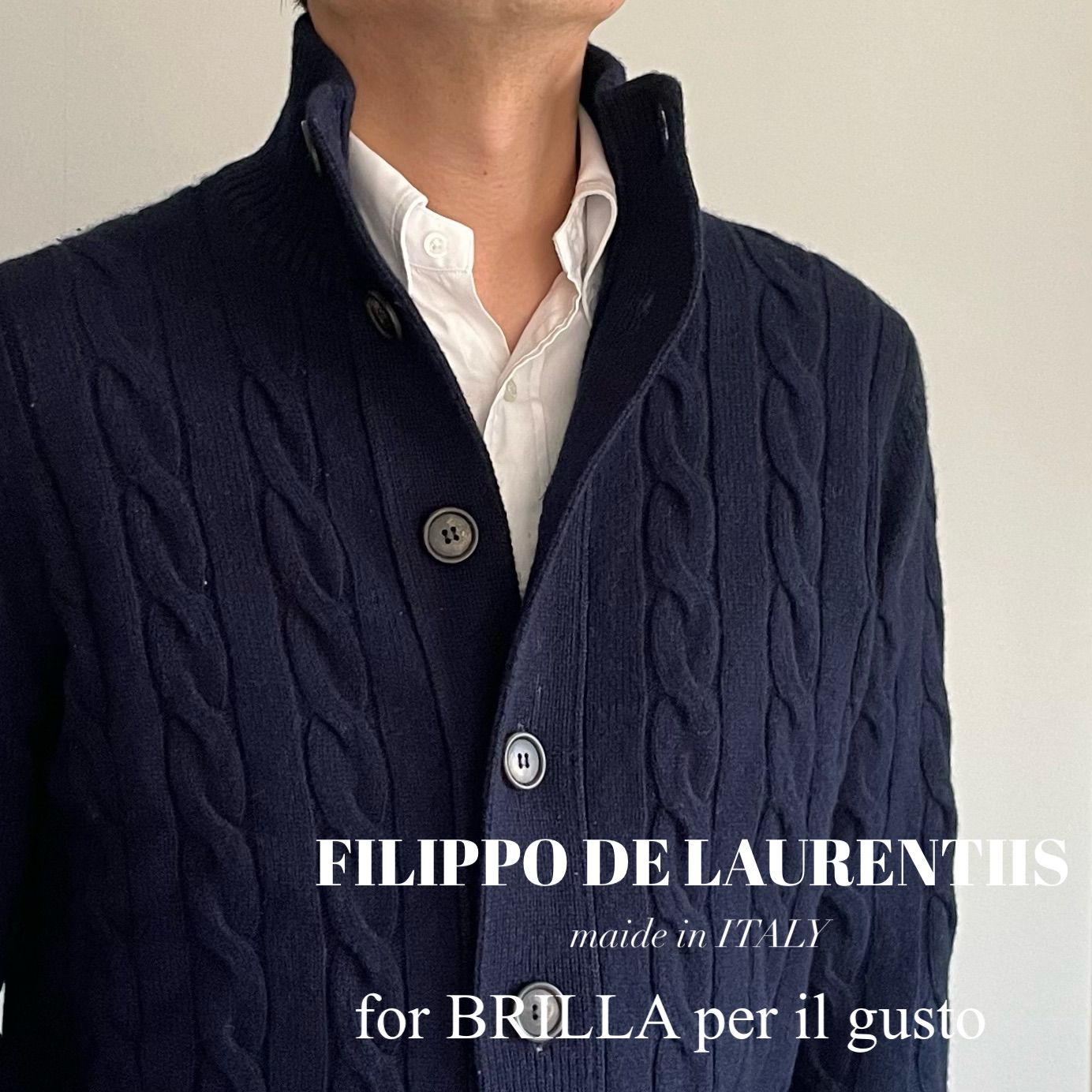 FILIPPO DE LAURENTIIS / BRILLA per il gusto別注 ウールカシミア ケーブルスタンドカラーカーディガン