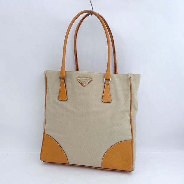 PRADA / プラダ □トートバッグ キャンバス レザー メタル ベージュ 