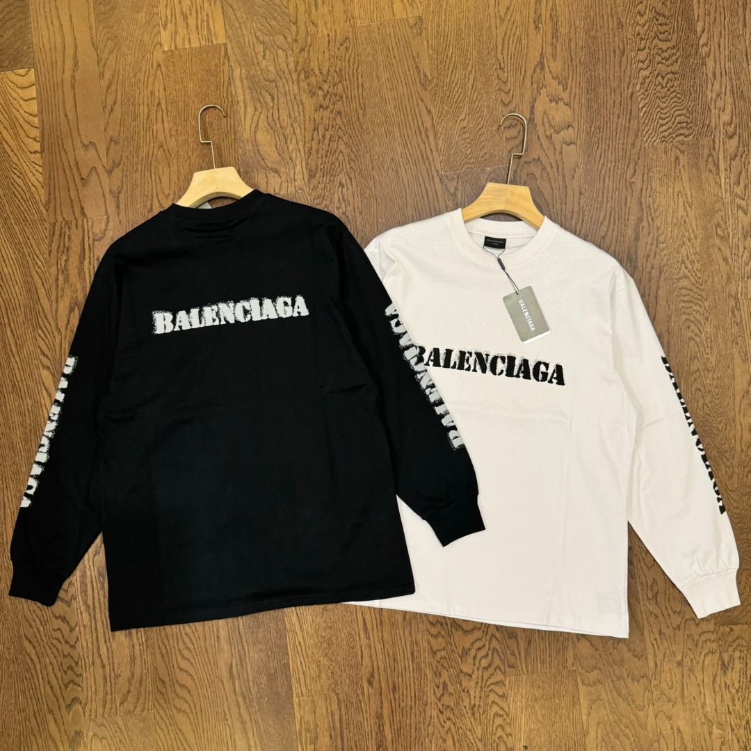 Balenciaga バレンシアガ 24ss両面ぼかし文字ロゴプリントカップル丸首長袖Tシャツ