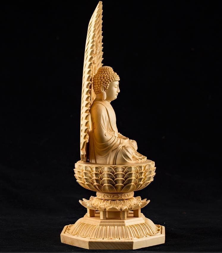 新作 総檜材 仏教工芸品 木彫仏教 精密彫刻 阿弥陀如来座像 高さ