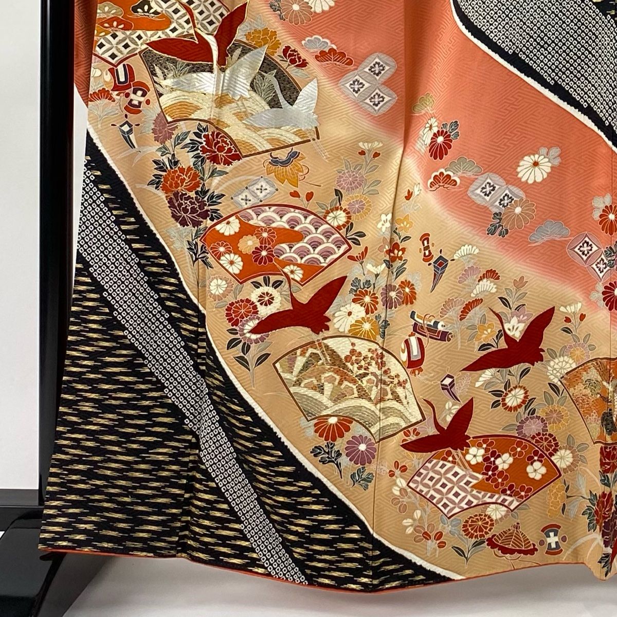 振袖 身丈163.5cm 裄丈68cm L 袷 扇面 花鳥 金糸 金銀彩 サーモンピンク 正絹 秀品