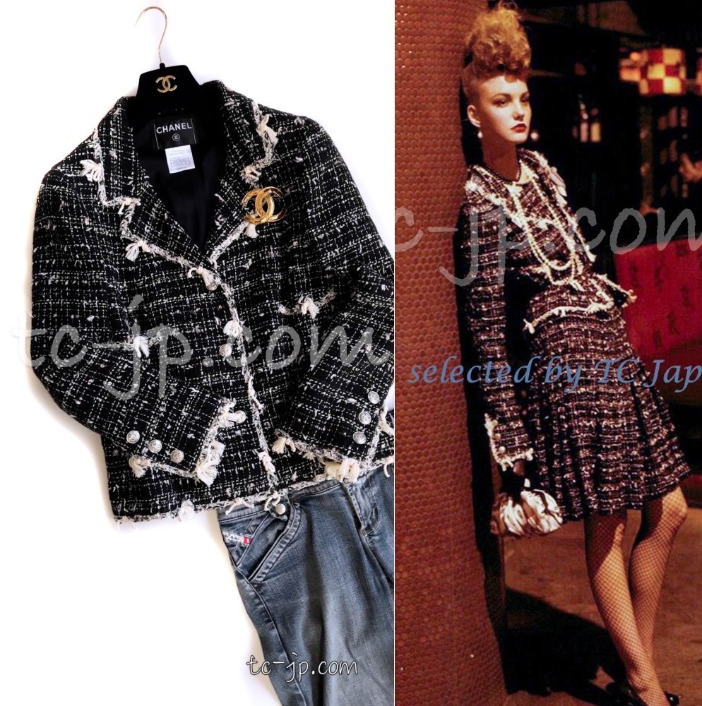 シャネル ジャケット CHANEL ブラック クリーム フリンジトリミング ツイード カール ラガーフェルド作品 36 38