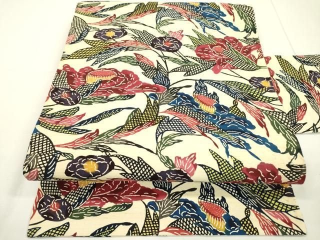 平和屋着物○全通柄九寸名古屋帯 紬地 型染め 椿