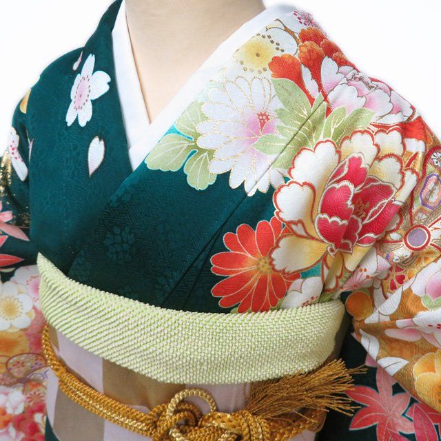作家もの　振袖　金駒刺繍　金彩　花模様　牡丹　菊　鉄線花　桔梗　着物　014k 振袖 着物 中古 金駒刺繍 花模様 桜 菊 牡丹 流水 トール A1205