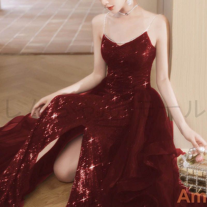 パーティードレス 赤 ロング丈 キャミソールドレス 二次会 フィッシュテール スリット入り 肩ひもパール ビジュー 発表会 演奏会 ステージ