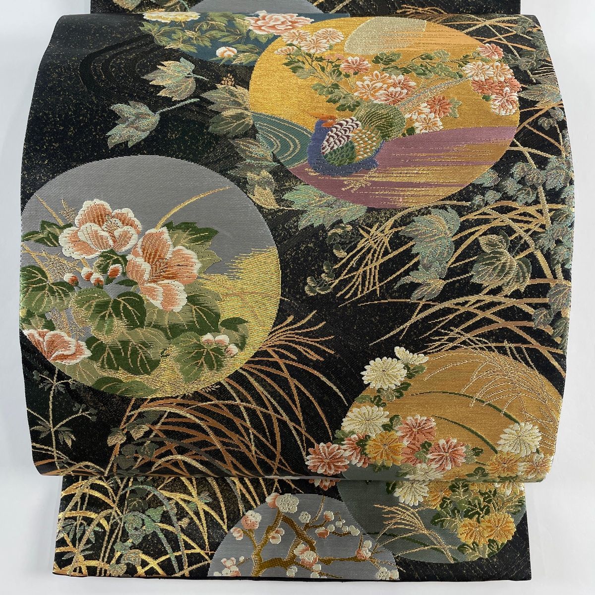袋帯 美品 秀品 花鳥 丸文 金銀糸 箔 黒 全通 正絹 【中古】
