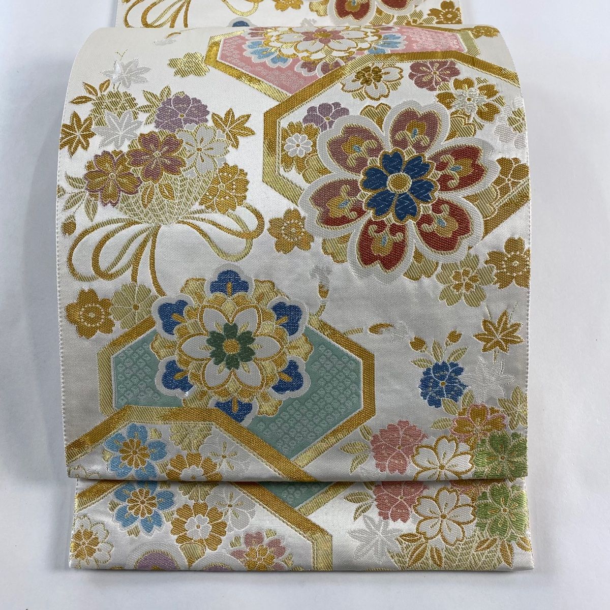 袋帯 美品 秀品 華文 花束 金糸 唐織 クリーム 六通 正絹 【中古