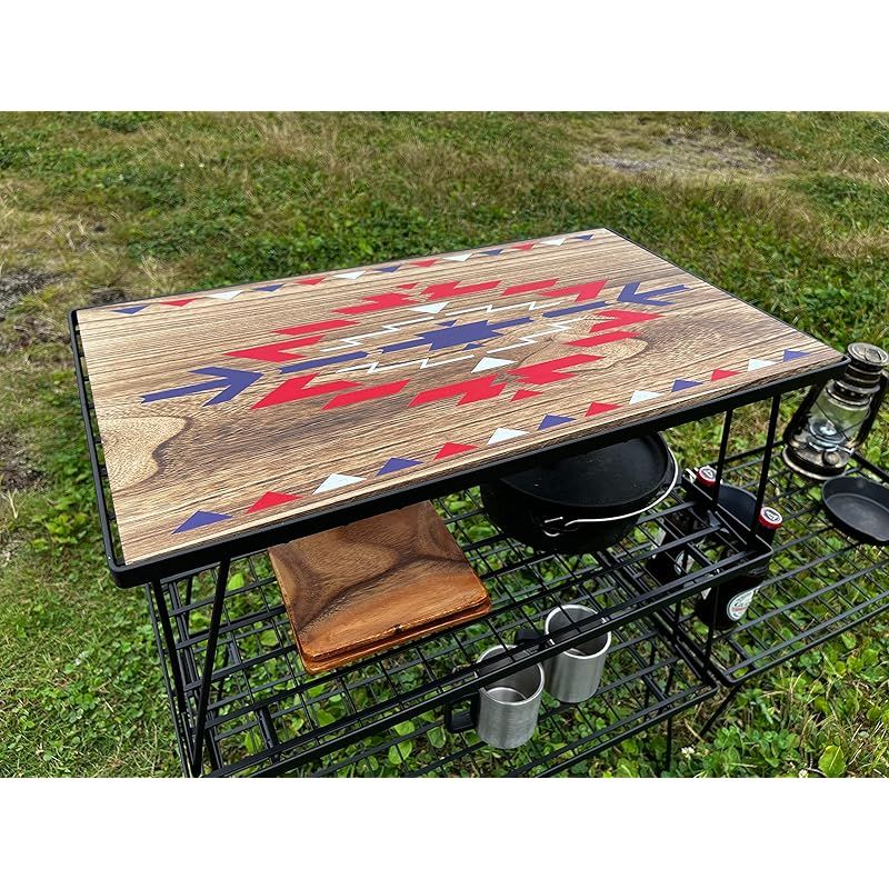 OUTDOORSHIN フィールドラック オルテガ柄 天然木製天板 マルチラック 収納ラック キャンプ アウトドアテーブル 折りたたみ テーブル 黒メッキスチール製 収納ケース付き