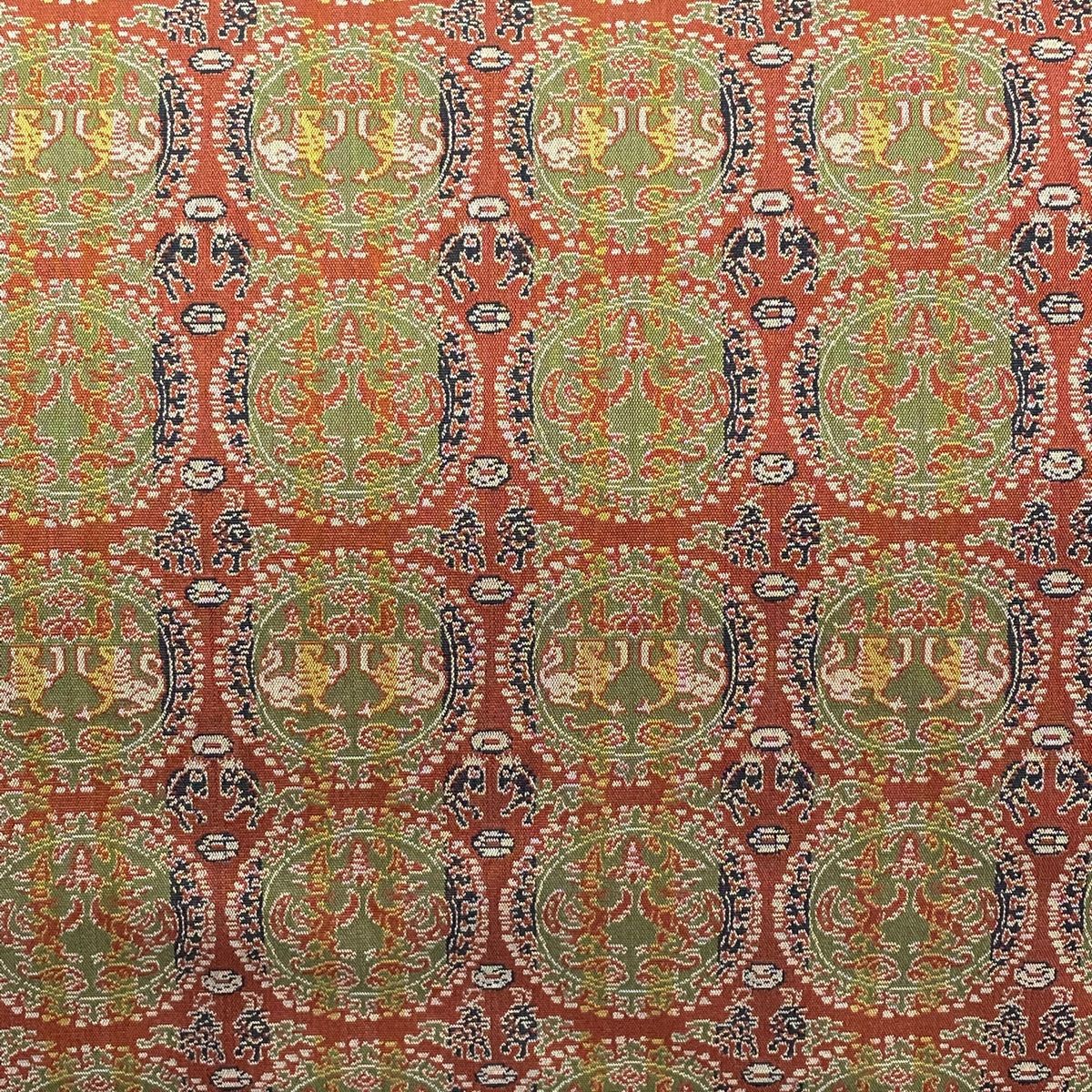 開き名古屋帯 名品 龍村美術織物 円文白虎朱雀錦 赤茶 正絹 【中古