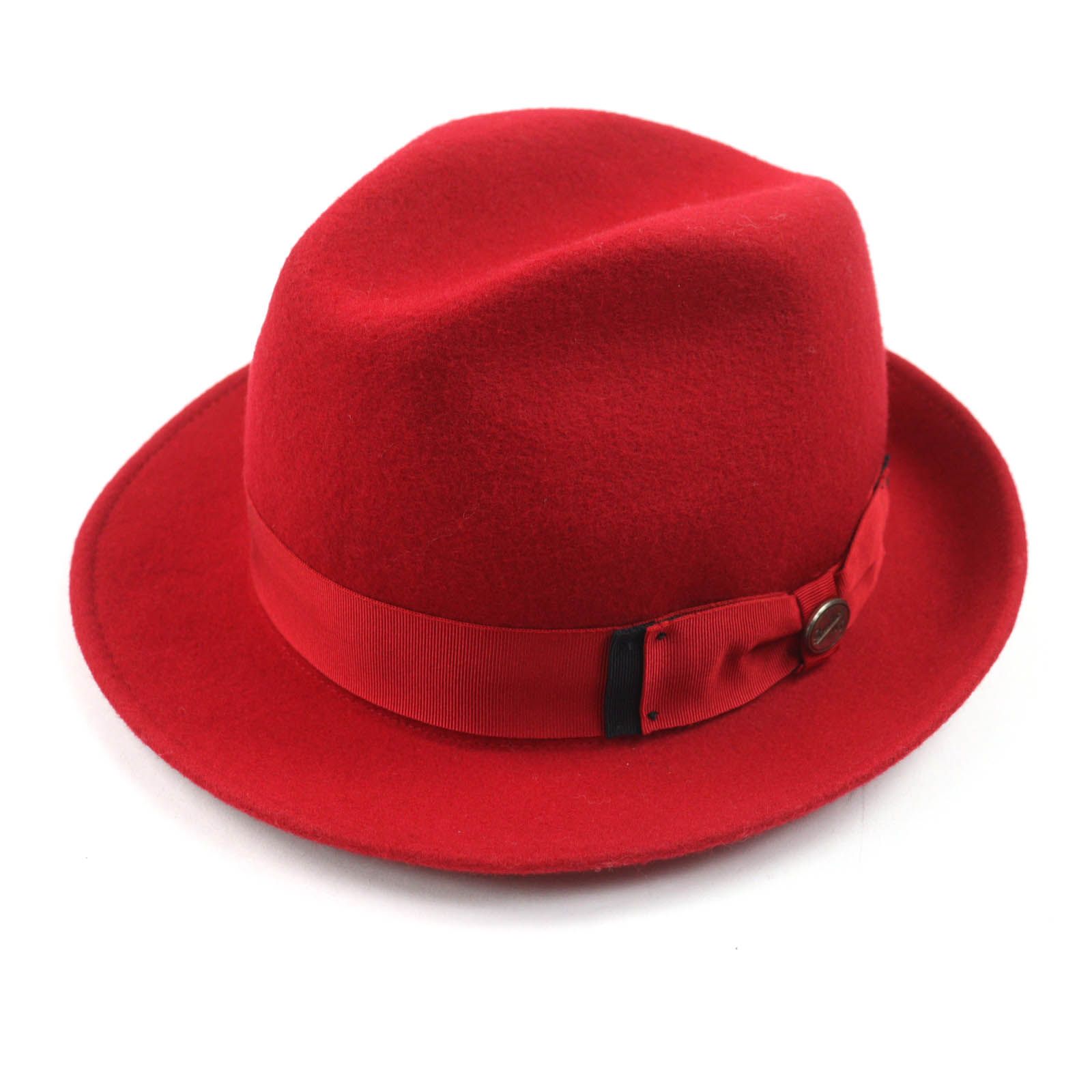 Borsalino ボルサリーノ ウール100％ ロゴプレート リボン付 中折れ帽 フェドラハット レッド L イタリア製 レディース