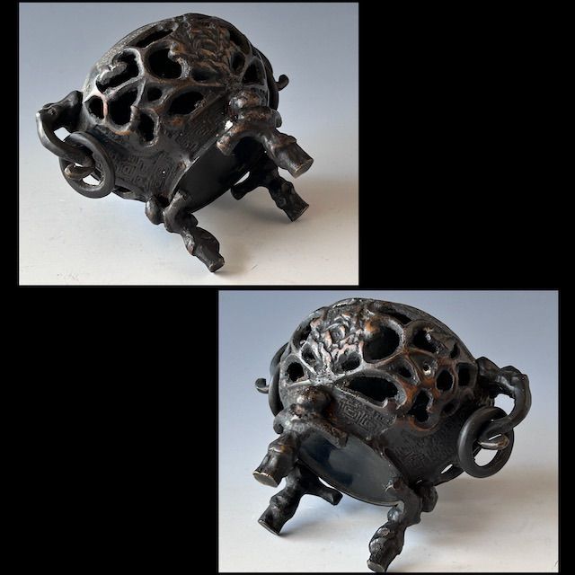 時代　唐銅　透かし　香炉　獅子摘み　遊環　骨董　アンティーク　古玩　工芸 時代 唐銅 透かし 香炉 獅子摘み 遊環 骨董 アンティーク 古玩 工芸