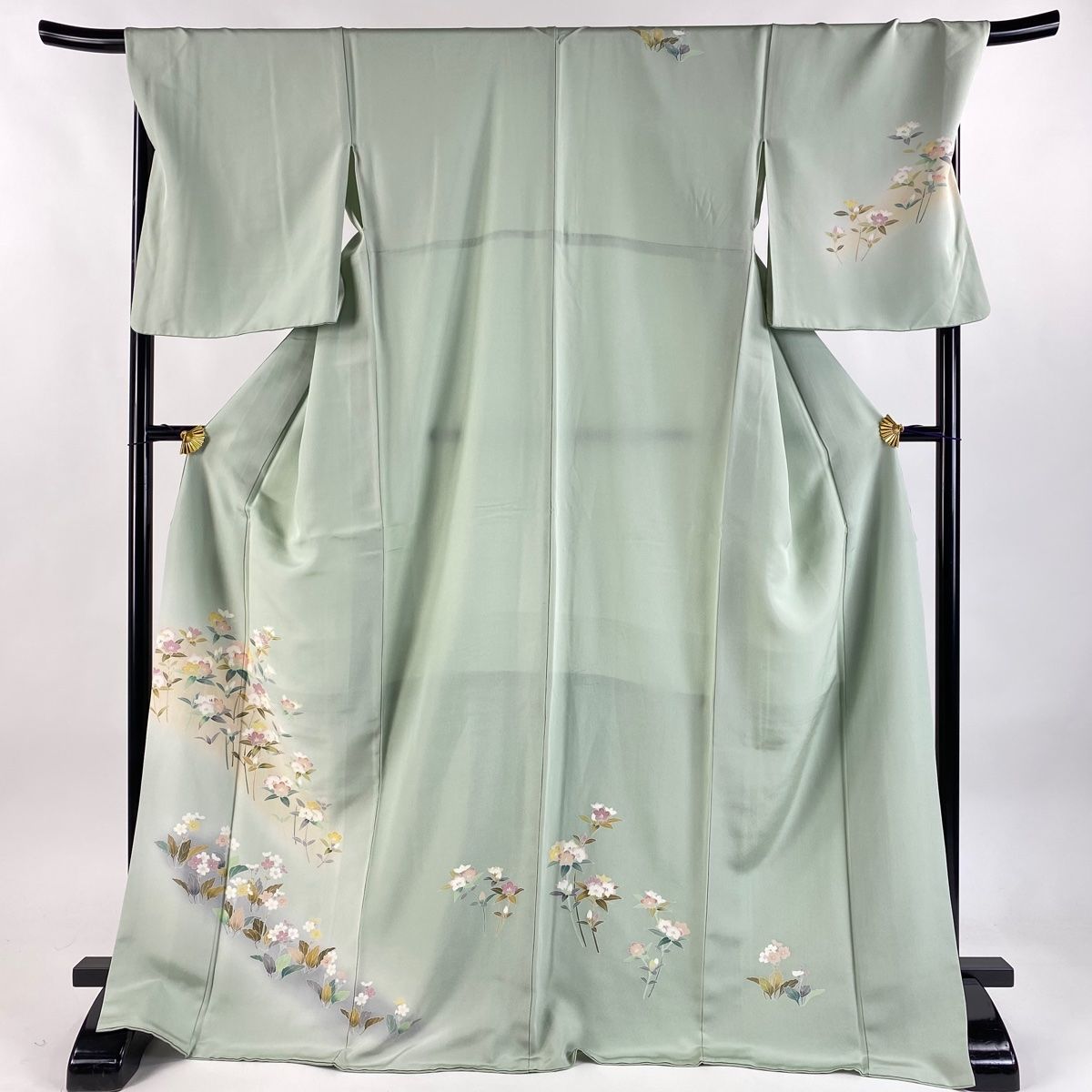 付下げ 身丈172cm 裄丈71cm L 袷 桔梗 草花 ぼかし 薄緑 正絹 秀品