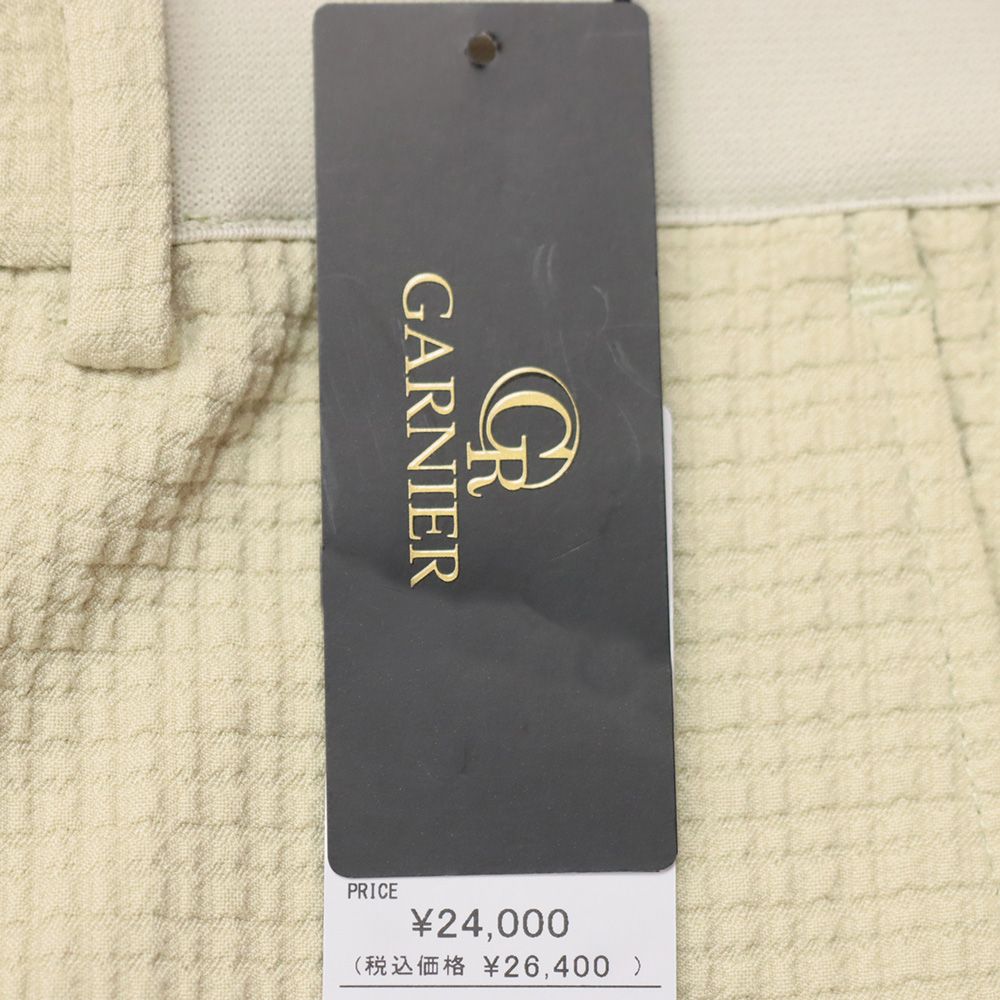 24 AW GARNIER LLサイズ スラックス パンツ 格子柄ストレッチ ノータック ウエストゴム ガルニエ ベージュ ma 469