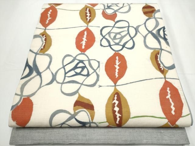 平和屋着物○太鼓柄 京袋帯 紬地 型染め 草花文 正絹 逸品 CAAY9638hy