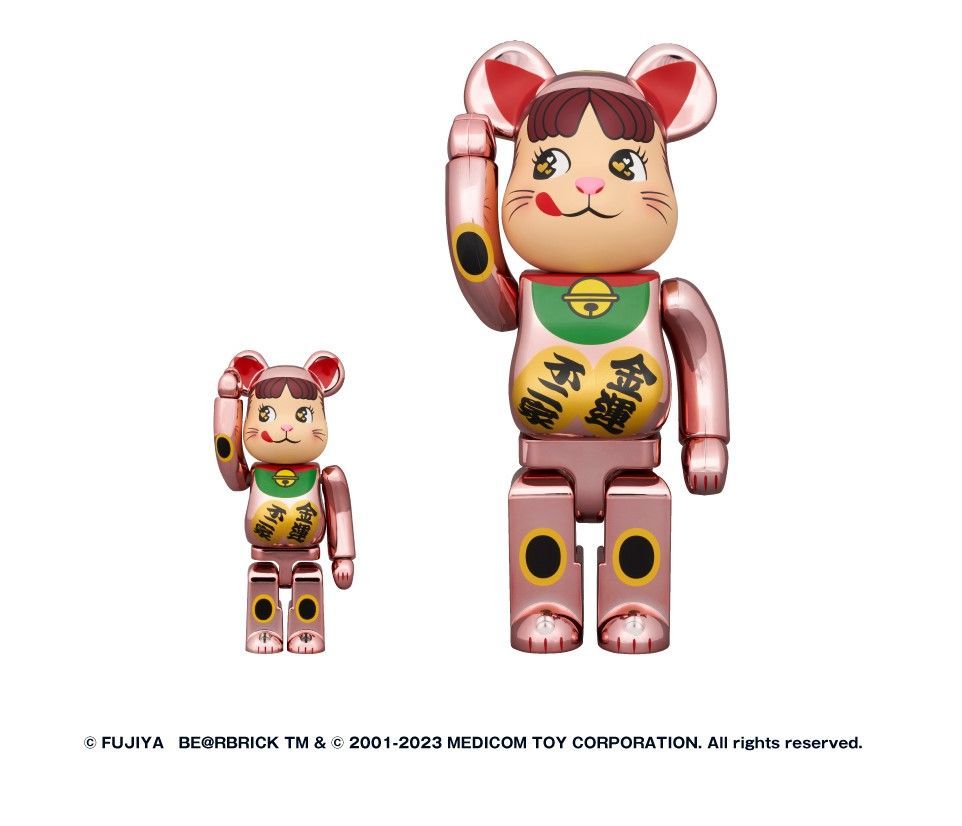 BE@RBRICK 招き猫 ペコちゃん 金運ダブル小判 桃金メッキ 100% & 400%