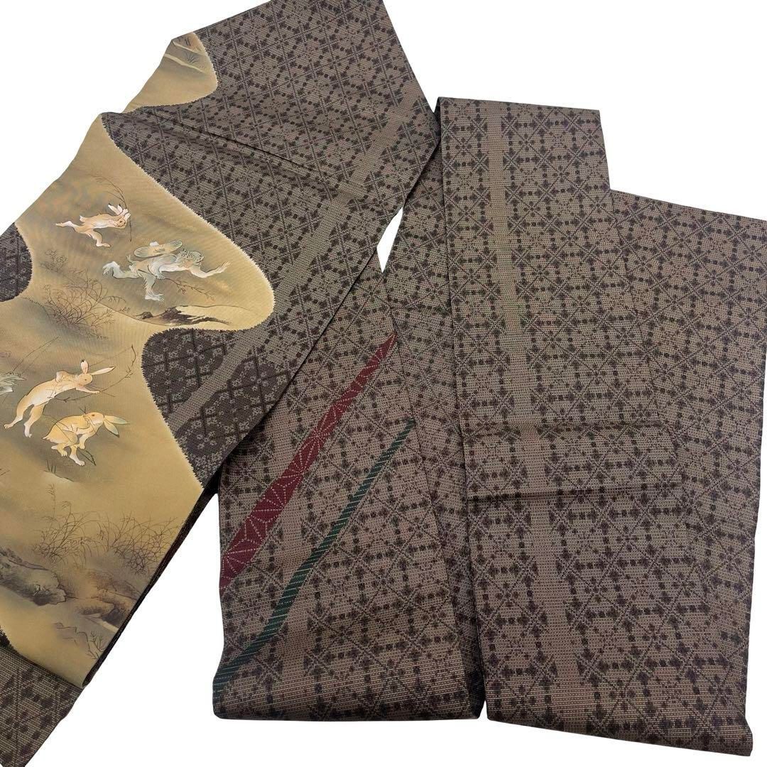 鳥獣戯画　西陣正絹九寸名古屋帯 焦茶色 鳥獣戯画 西陣正絹九寸名古屋帯 焦茶色 鳥獣戯画 西陣正絹九寸名古屋帯