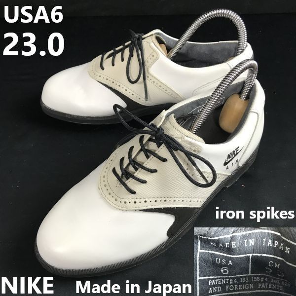 日本製|Vintage NIKE AIR|ナイキ レザー|ゴルフシューズ|金属|スチールスパイク USA6|23.0|白|サドル 鉄鋲|Shoes|trainers◆sA-168