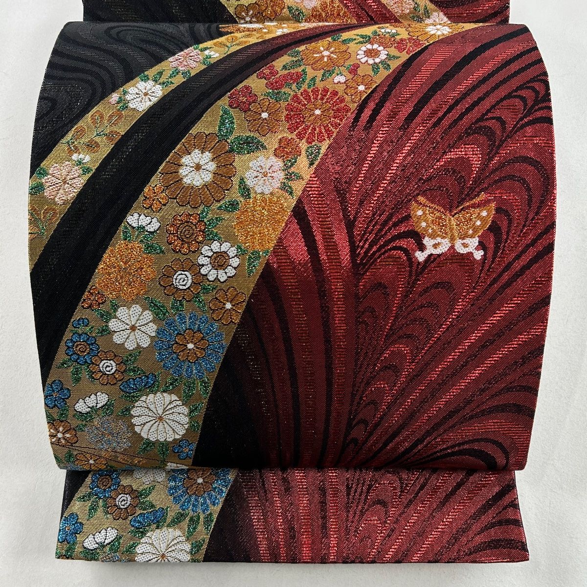 競ナビ】 袋帯 美品 秀品 振袖向き 辻が花柄 金銀糸 箔 赤 六通 正絹