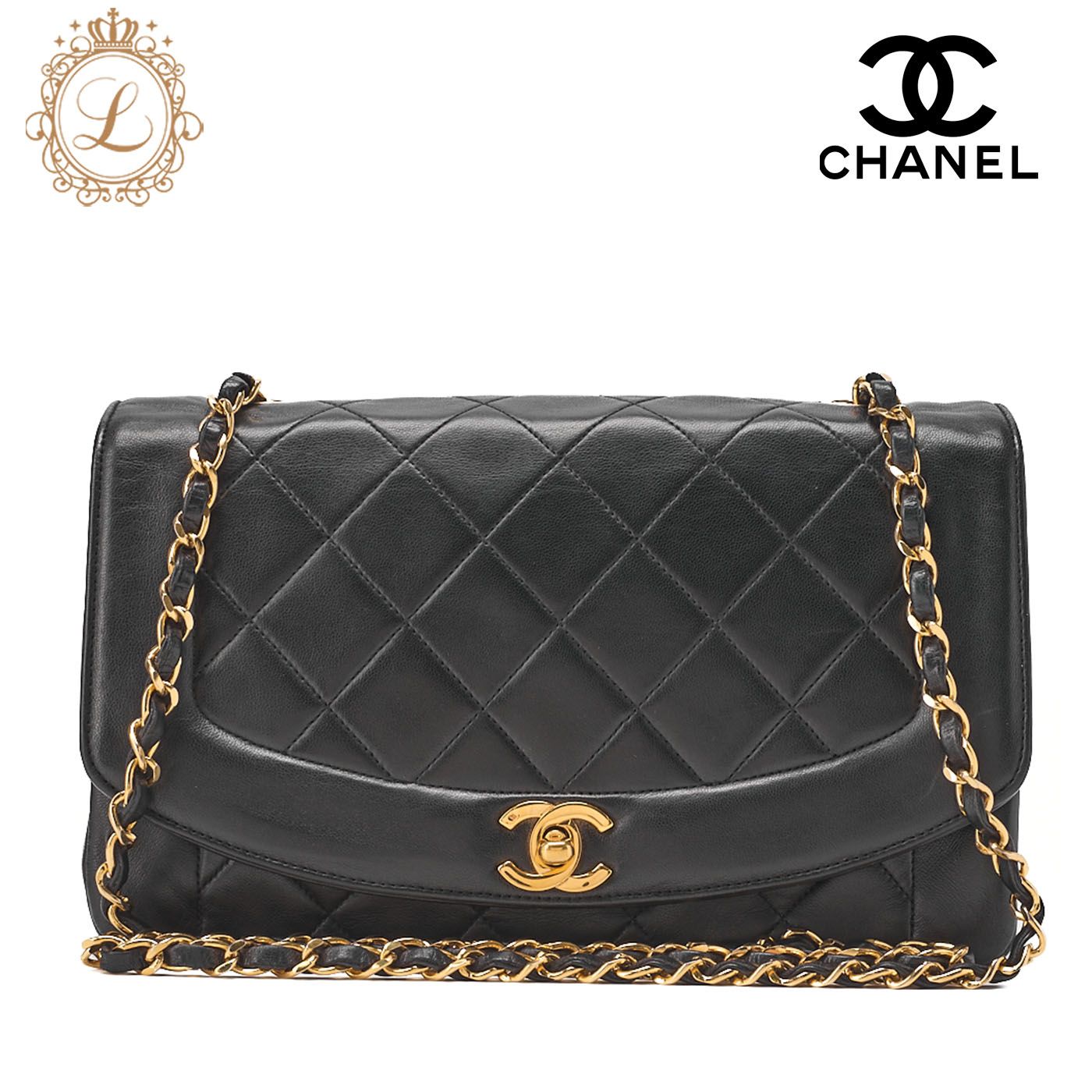 CHANEL シャネル マトラッセ ダイアナフラップ 25cm チェーンショルダー ラムスキン 黒 ゴールド金具 レディースバッグ ブランド 送料無料