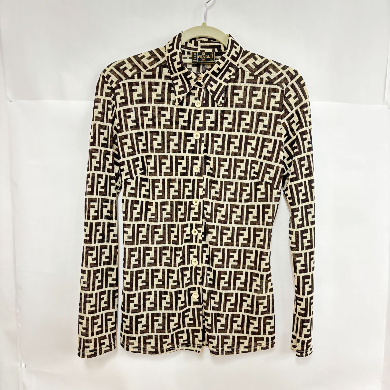 FENDI Vintage Zucca Monogram Shirt Top #40 Button Up See-through Brown  RankAB+