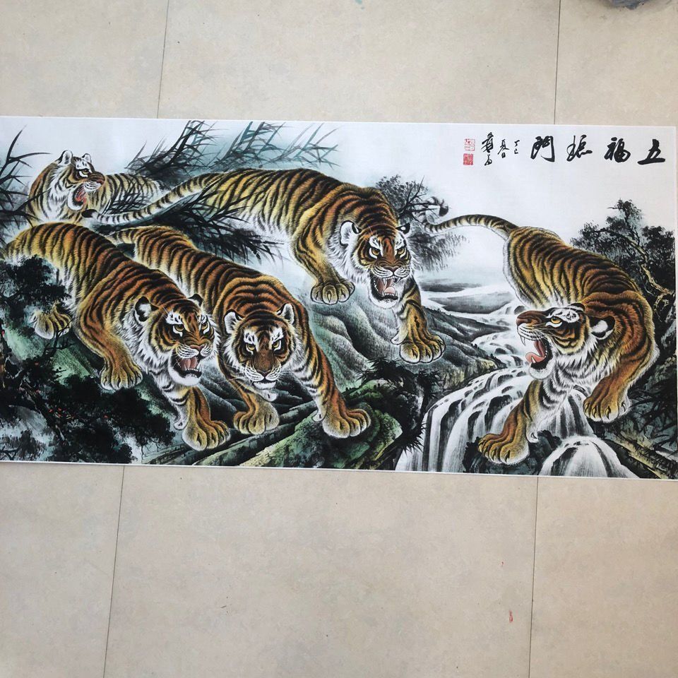 張大千 トラ 虎 下山虎図 五福臨門 中国美術 中国水墨画 表装 張大千 トラ 虎 下山虎図 五福臨門 中国美術 中国水墨画 表装