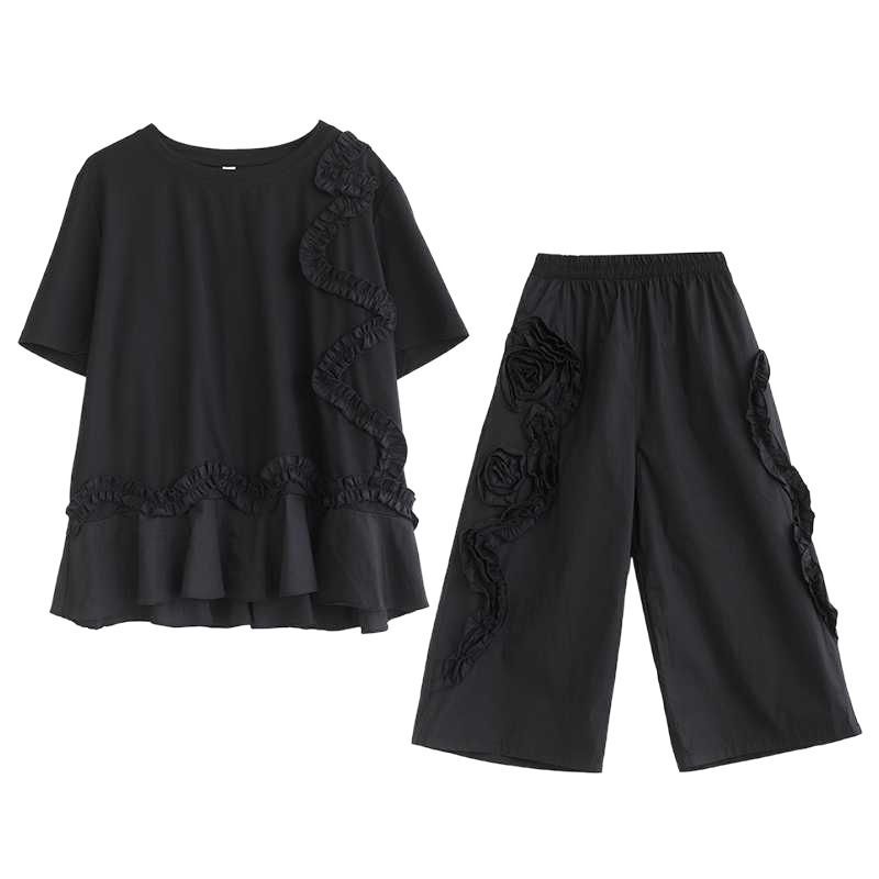 モード系 夏新品 上下2セット フリル ブラウス＋ワイドパンツ