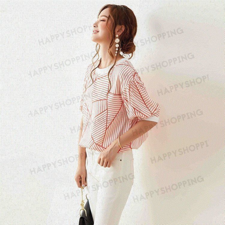 Tシャツ トップス レディース きれいめ 40代 幾何柄 半袖トップス 白インナー  オシャレ ブラウス  tシャツ 綿  大きいサイズ  着痩せ 韓国風 Tシャツ トップス レディース きれいめ 40代 幾何柄 半袖