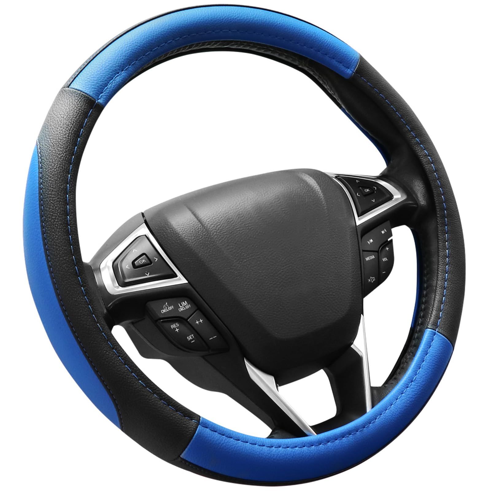 SEG Direct ハンドルカバー 自動車用ステアリングカバー マイクロファイバー革 Ｍサイズ 外径37-39cm ブラック|ブルー ブラックとブルー M 37cm-39cm