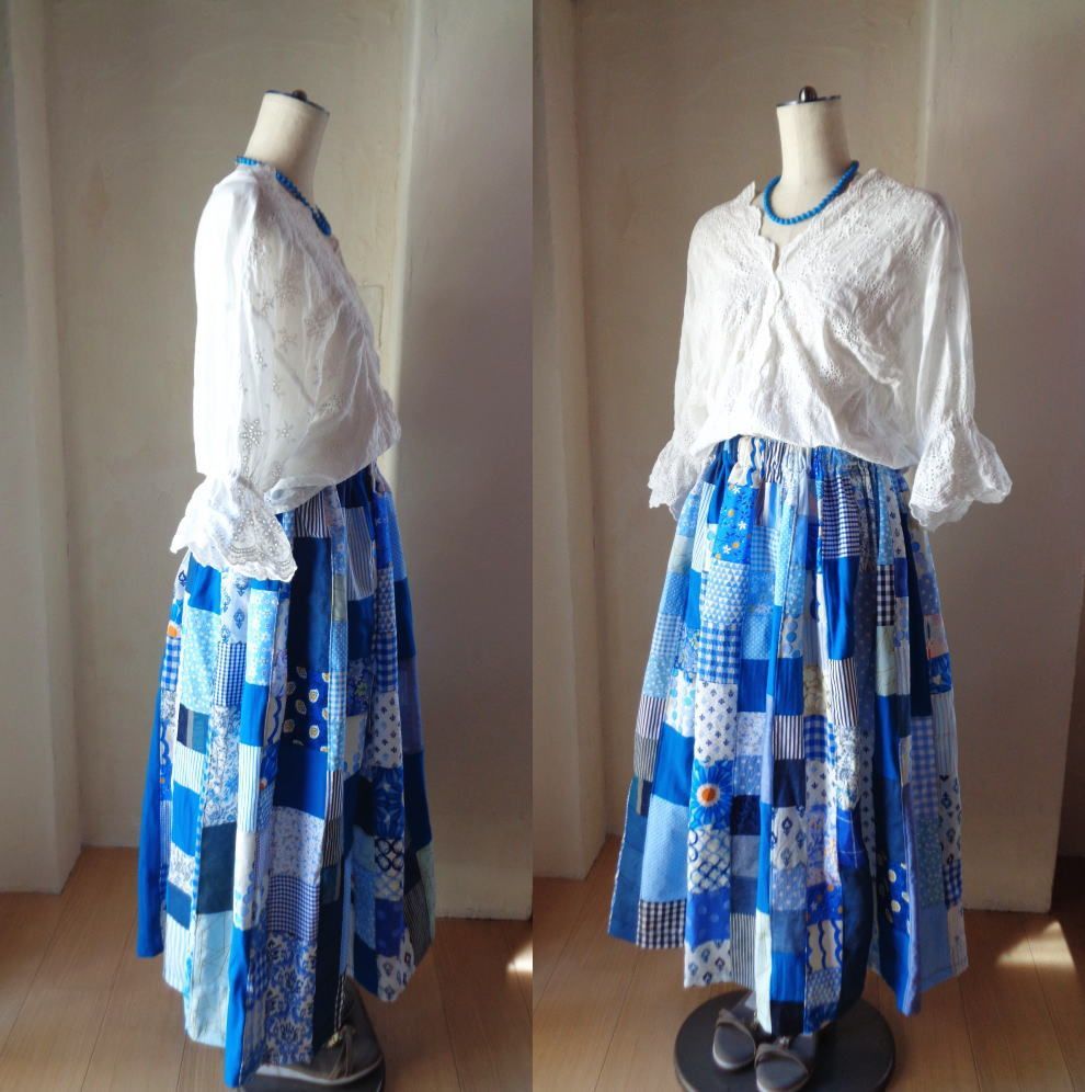 雛祭りセール♥絵画なパッチワーク♥晴れやかブルー たっぷりギャザー  