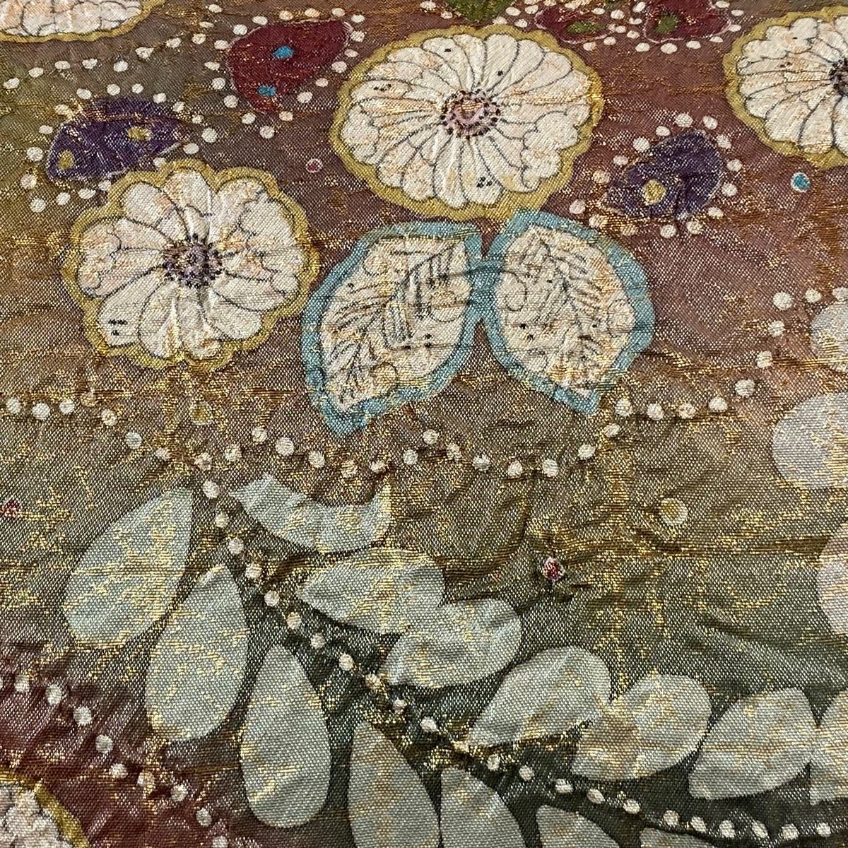 袋帯 美品 名品 落款 辻が花 箔 灰紫 お太鼓柄 正絹 【中古