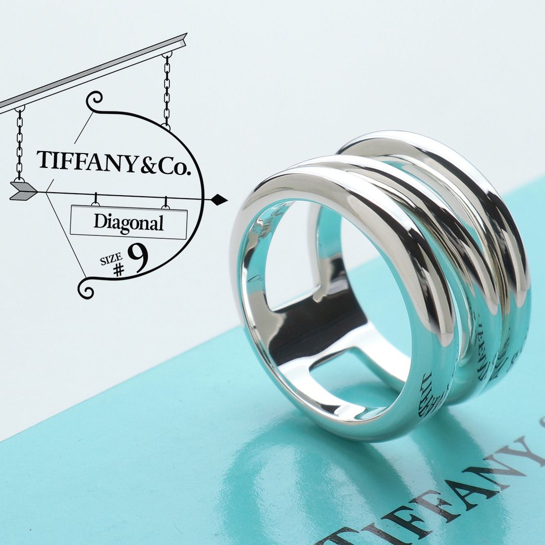 極美品 TIFFANY&Co. ティファニー ダイアゴナル リング 9号 90’s ヴィンテージ スパイラル ワイド スターリング シルバー AG  925 指輪