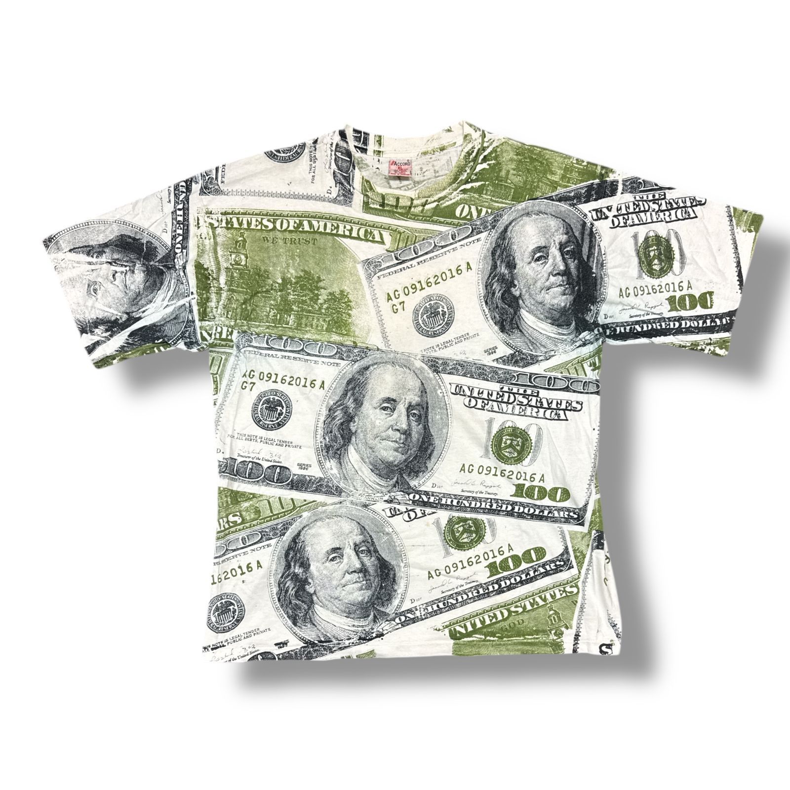 VINTAGE 90s T-SHIRTS ACCORD US100$ アコード 100ドル札 プリント Tシャツ ヴィンテージ ホワイト×グリーン系 XL  86937A3