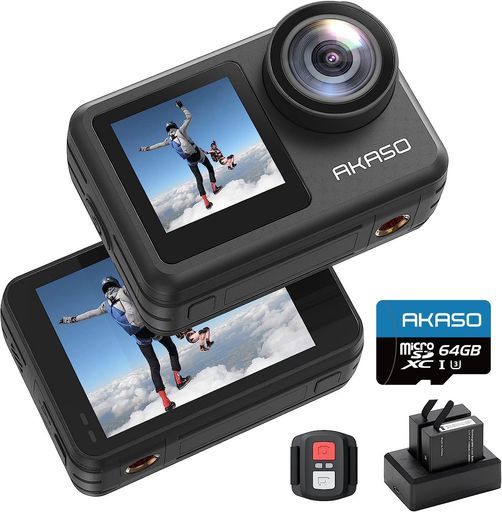 AKASOBrave7LEアクションカメラ4K20MP64GBメモリカード付きIPX7本機防水40M防水 防水ケース付属 六軸手ぶれ補正デュアルカラースクリーンタッチパネル式タイムラプスWiFi|Type-C外部マイク対応