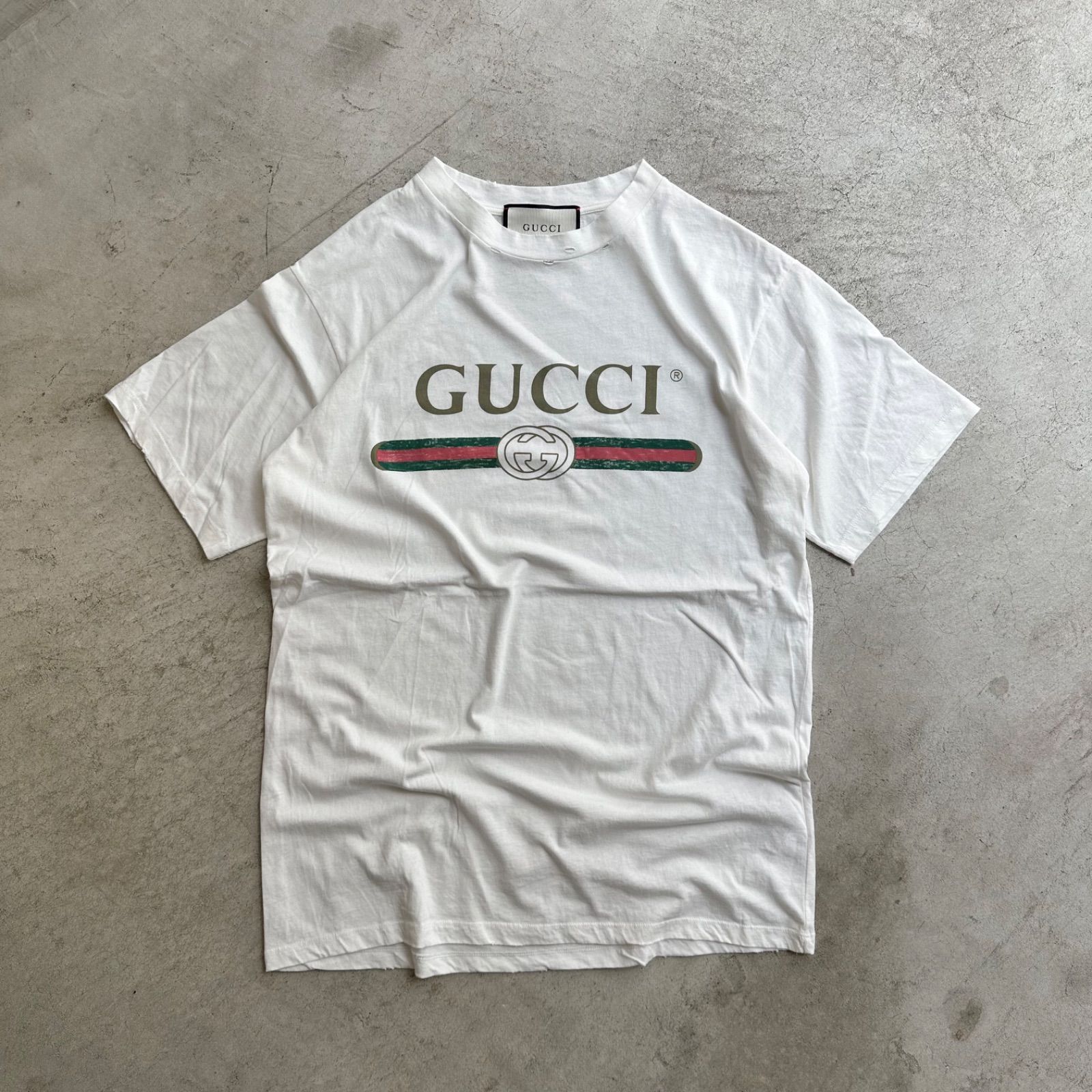 グッチ GUCCI 17SS ロゴ ウォッシュド オーバーサイズ Tシャツ ヴィンテージ加工 プリント 半袖 白 ホワイト - メルカリ