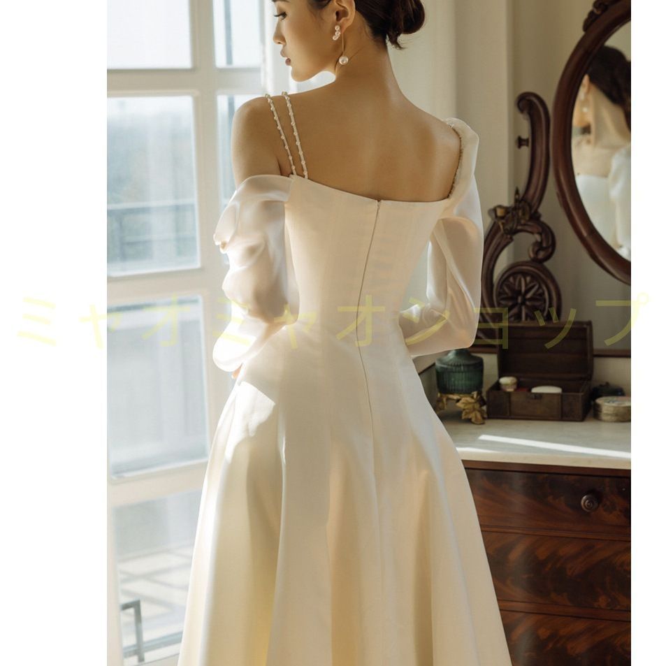 ウェディングドレス 二次会 花嫁 結婚式 Aライン 長袖 シンプル ウエディングドレス パール刺繍 白 ブライダル 披露宴 発表会 前撮り お呼ばれ フォーマルドレス 1079