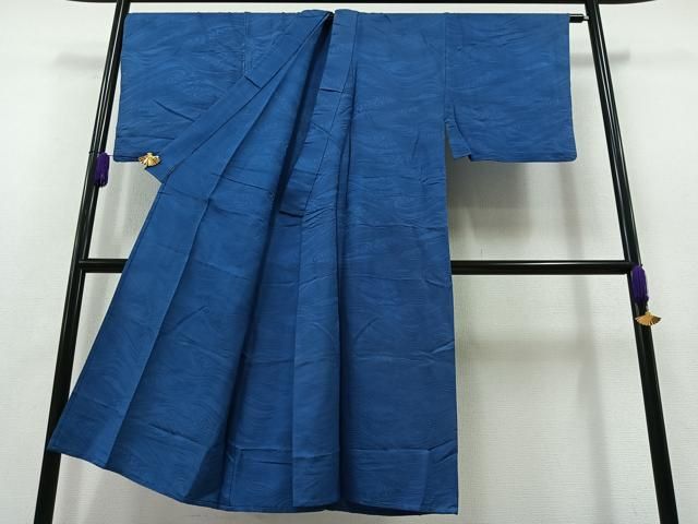 平和屋着物▽男性 色紋付 単衣 流水地紋 瑠璃色 正絹 AABA9547jh