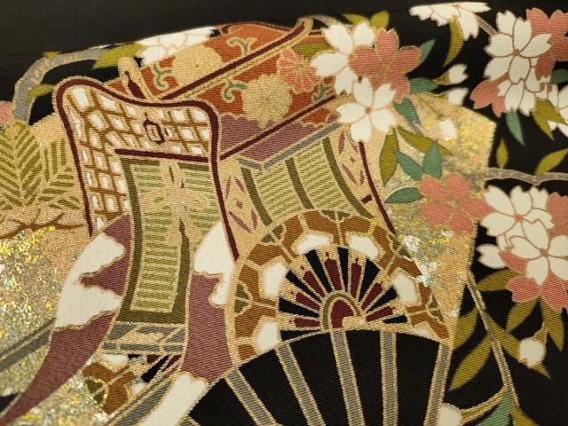 黒留袖刺繍 駒刺繍 鴛鴦花文 金彩 ⑦( 訪問着、紬、袋帯なども出品) 黒